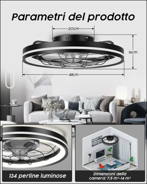 Airwit 48cm Ventilatore da Soffitto Silenzioso con Luce e Telecomando, Dimmerabile Lampada Ventilatore da Soffitto Moderno con Reversibile Motore DC, Lampadario Ventilatore per Camera da Letto, Cucina