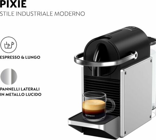 Nespresso De'Longhi Pixie EN127.S, Macchina da Caffè con Sistema Capsule Nespresso, Modalità ECO, Espresso e Caffè Lungo, Design Compatto, Pressione 19 Bar, 1260W, Silver