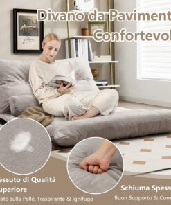 COSTWAY Divano da Terra Pieghevole, Divano Letto 2 Posti con Schienale Regolabile, Divano da Pavimento Trasformabile con 2 Cuscini per Camera da Letto Salone Balcone (Grigio)