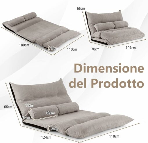 COSTWAY Divano da Terra Pieghevole, Divano Letto 2 Posti con Schienale Regolabile, Divano da Pavimento Trasformabile con 2 Cuscini per Camera da Letto Salone Balcone (Grigio)