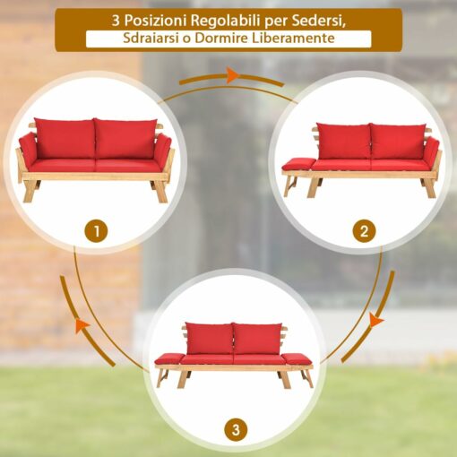 COSTWAY Divano Letto 2 Posti da Esterno in Legno di Acacia con Braccioli Regolabili, Sdraio da Giardino con Cuscini, Chaise longue Pieghevole per Giardino, Piscina, Cortile (Rosso)