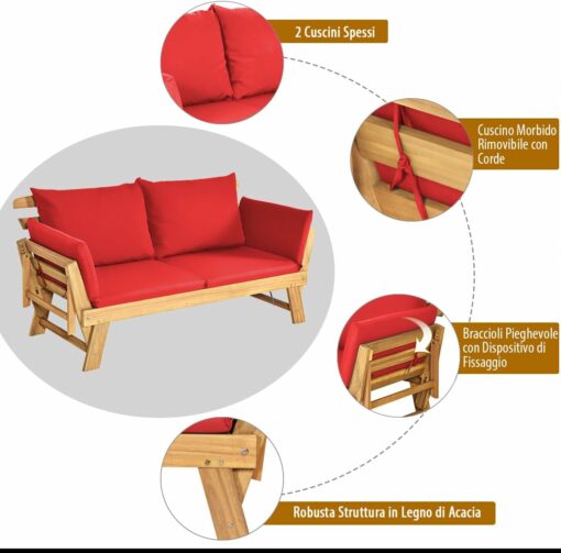 COSTWAY Divano Letto 2 Posti da Esterno in Legno di Acacia con Braccioli Regolabili, Sdraio da Giardino con Cuscini, Chaise longue Pieghevole per Giardino, Piscina, Cortile (Rosso)