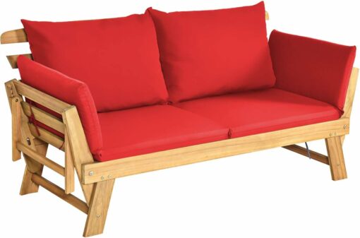 COSTWAY Divano Letto 2 Posti da Esterno in Legno di Acacia con Braccioli Regolabili, Sdraio da Giardino con Cuscini, Chaise longue Pieghevole per Giardino, Piscina, Cortile (Rosso)