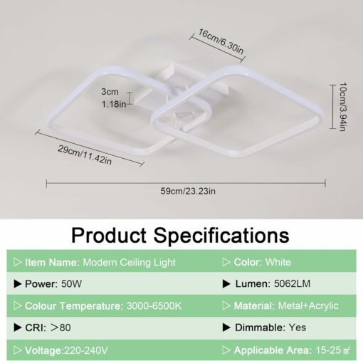 Toolight 50W 5625LM Plafoniera LED Soffitto Dimmerabile, Lampadario LED Soffitto con Telecomando 3000K-6500K 59cm, Moderna Plafoniera Quadrata per Camera da Letto Bagno Soggiorno Cucina Corridoio