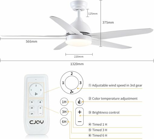 CJOY Ventilatore da Soffitto con Illuminazione e Telecomando Silenzioso, LED Lampada con Ventilatore Bianco 132 cm 5 pale, Ventilatore Plafoniera Luce Camera da Letto Soggiorno