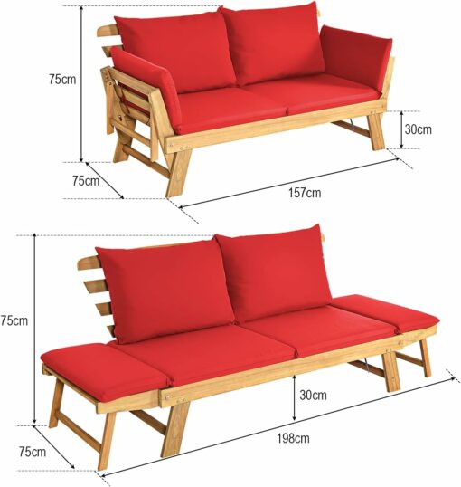 COSTWAY Divano Letto 2 Posti da Esterno in Legno di Acacia con Braccioli Regolabili, Sdraio da Giardino con Cuscini, Chaise longue Pieghevole per Giardino, Piscina, Cortile (Rosso)