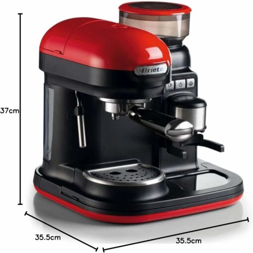 Ariete 1318 Macchina da Caffè con Macinacaffè - 1 filtro - Montalatte - 15 bar - 1080 Watt - 0,8 Litri - Linea Moderna - Rosso