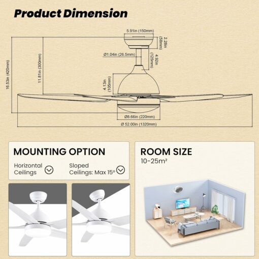 CJOY Ventilatore da Soffitto con Illuminazione e Telecomando Silenzioso, LED Lampada con Ventilatore Bianco 132 cm 5 pale, Ventilatore Plafoniera Luce Camera da Letto Soggiorno