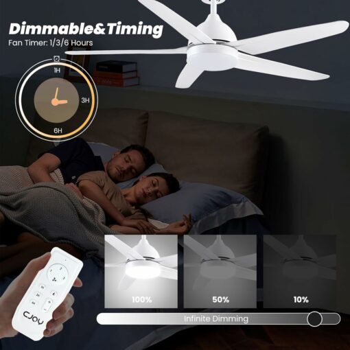 CJOY Ventilatore da Soffitto con Illuminazione e Telecomando Silenzioso, LED Lampada con Ventilatore Bianco 132 cm 5 pale, Ventilatore Plafoniera Luce Camera da Letto Soggiorno