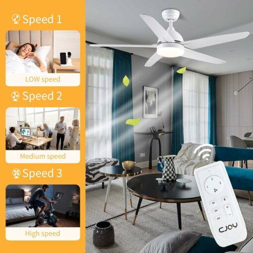 CJOY Ventilatore da Soffitto con Illuminazione e Telecomando Silenzioso, LED Lampada con Ventilatore Bianco 132 cm 5 pale, Ventilatore Plafoniera Luce Camera da Letto Soggiorno